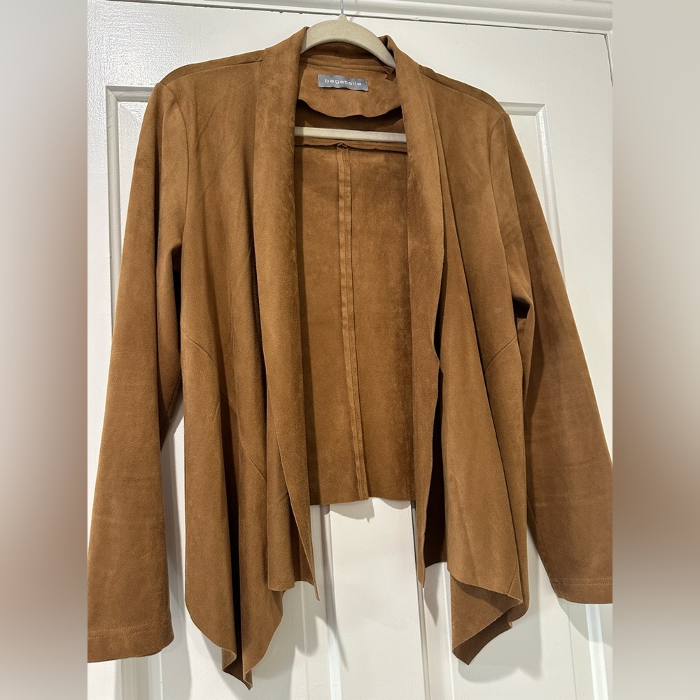 Bagatelle soft stretch trim fit suede open front blazer jacket